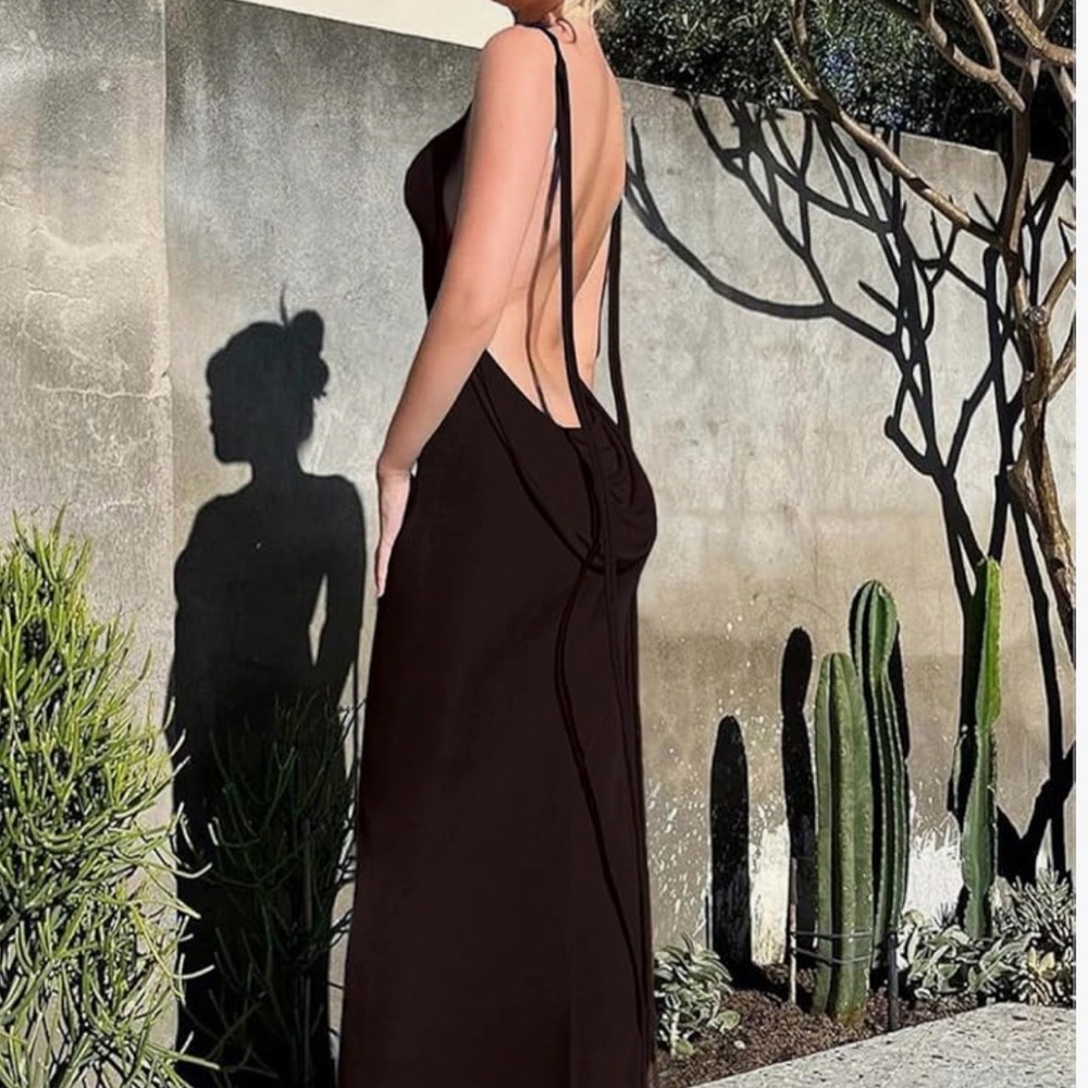 Backless Brown Maxi Dress with Draped Detail